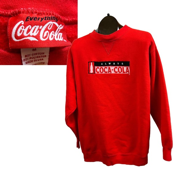 1990s Red Coca Cola Spellout V Stitch Sweatshirt USA Made / Women’s Medium * - Picture 1 of 4